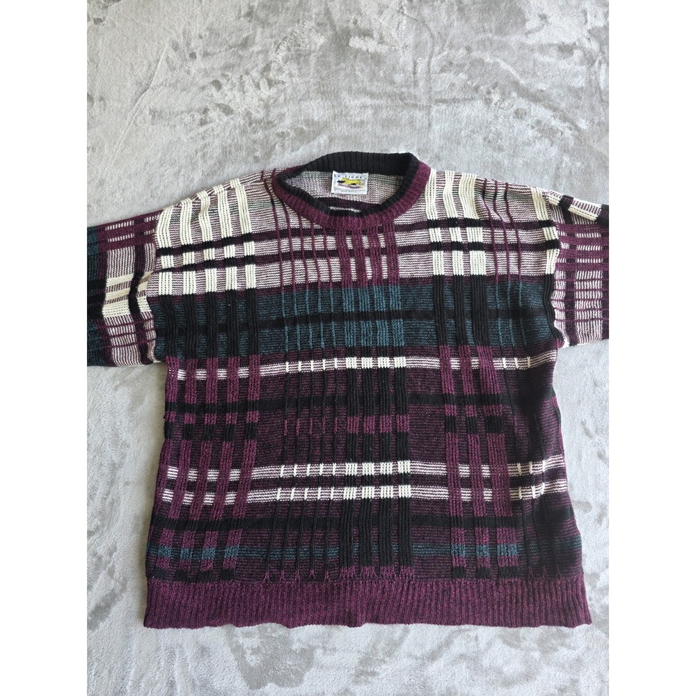 Le Tigre Men's Sweater XL Multicolor Plaid Knit Crewneck Vintage USA Made